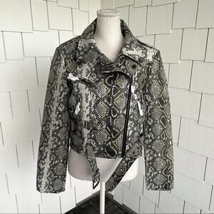 Aqua Women's Black/Gray/Cream Snakeskin Faux Leather Motorcycle Jacket Sz L